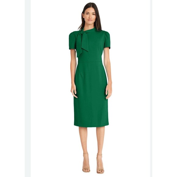 New Maggy London Dress Sz 12 Green FLIGHT ATTENDANT Tie Neck Sheath Retail $138 - Picture 2 of 14